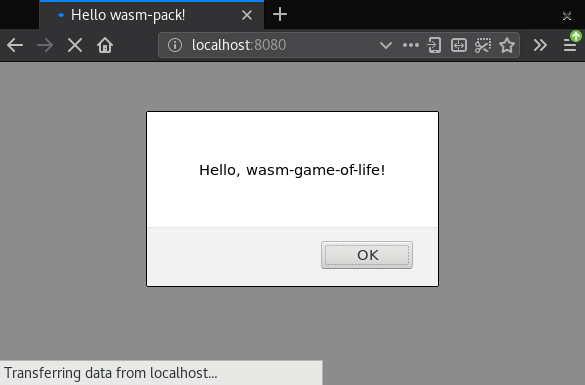 Screenshot of the "Hello, wasm-game-of-life!" Web page alert